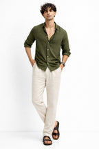 Olive Shirt & Beige Pant Set
