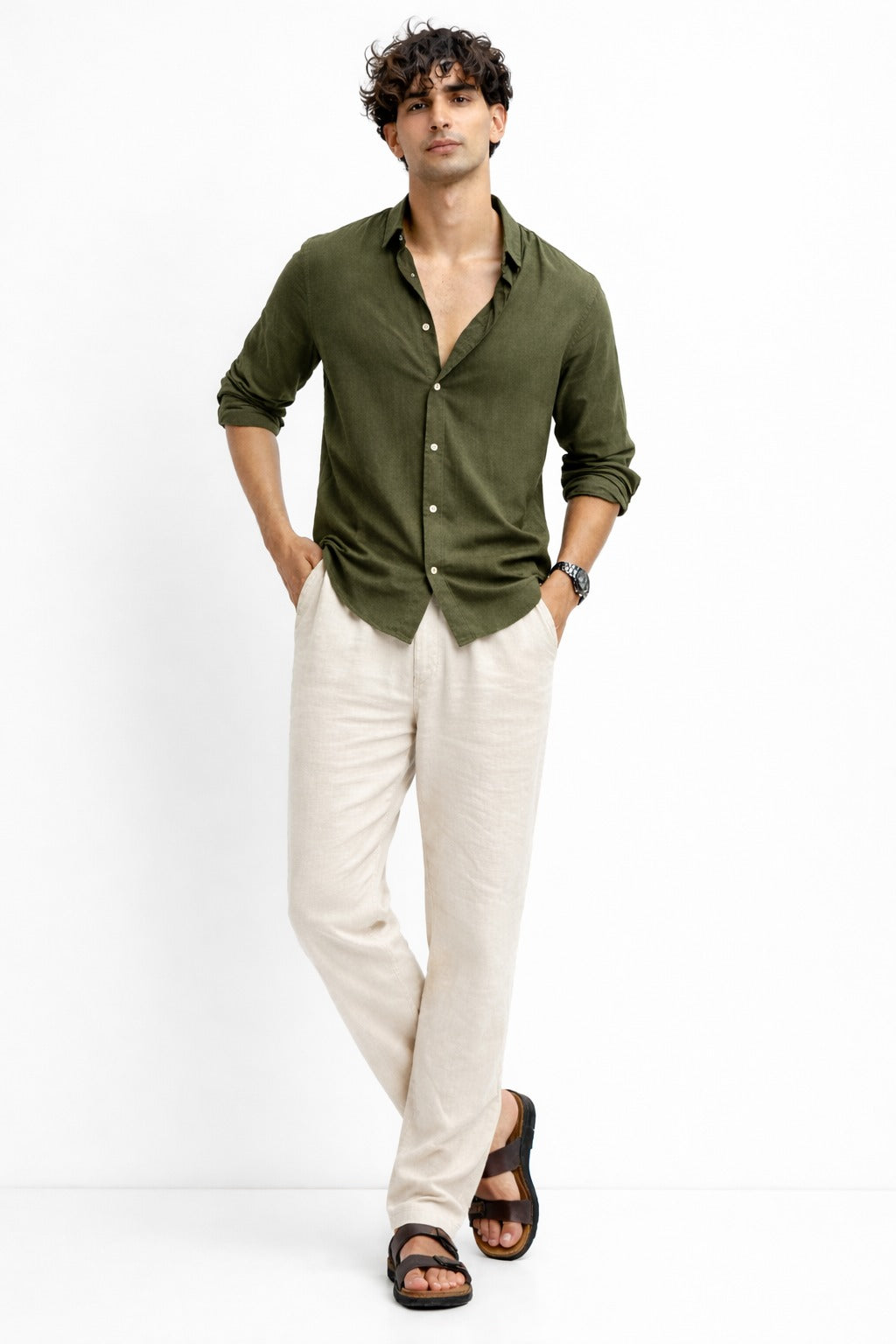 Olive Shirt & Beige Pant Set